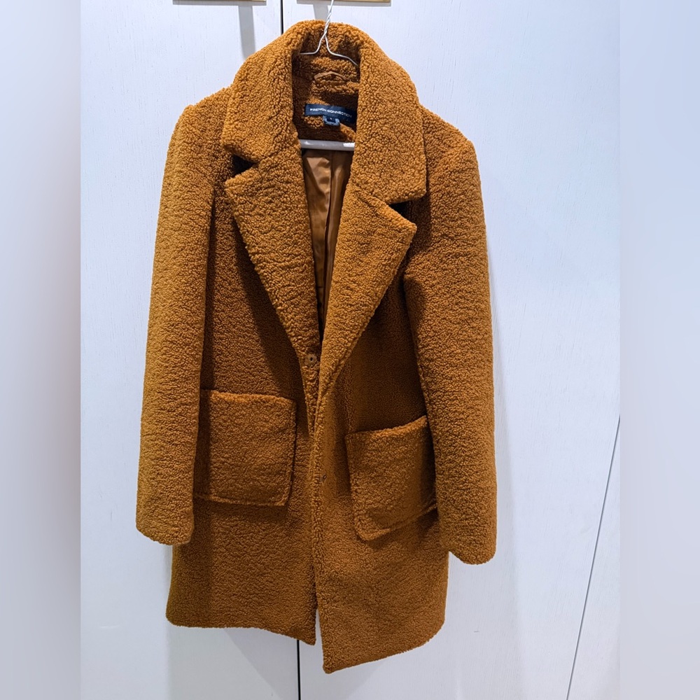 French Connection Mustard Brown Teddy Coat